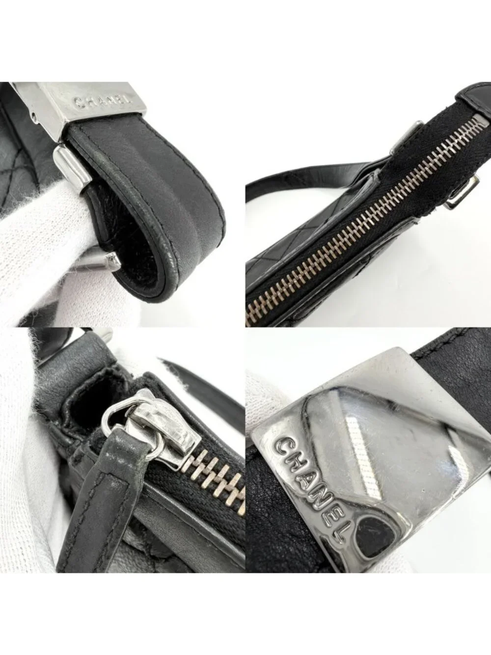Chanel Shoulder Bag CC Logo Quilted Leather Black Silver